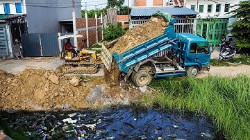Wonderful New Project Landfill Flooded area !! Dump Truck Unloading soil With Mini Bulldozer