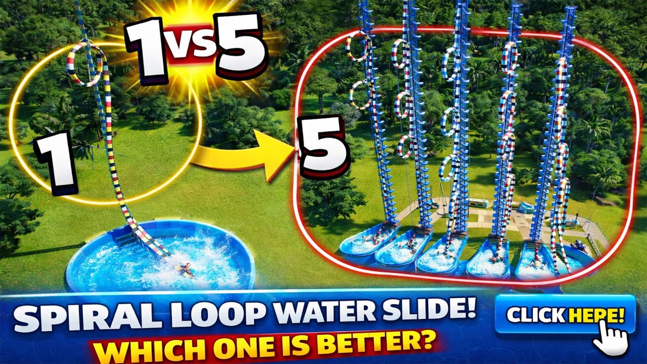 1 vs 5 Spiral Loop Water Slide – Which One Survives? 😱 | Planet Coaster 2