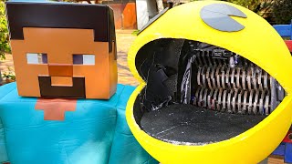 Real Life Pacman Shredding Machine Vs Minecraft