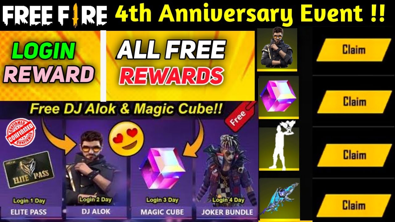 CLAIM FREE REWARDS 4TH ANNIVERSARY EVENT IN FREE FIRE l 4TH ANNIVERSARY EVENT DATE, CALENDAR 2021