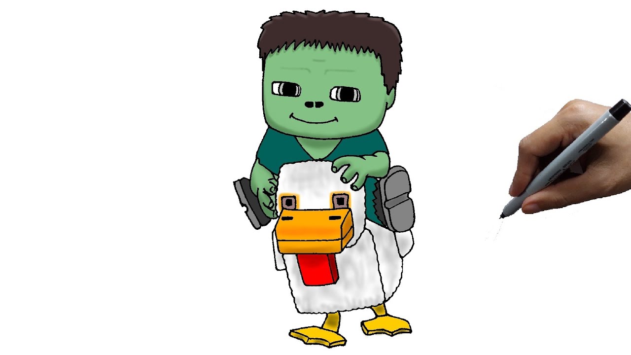 How to draw a baby zombie ride a chicken in minecraft - YouTube