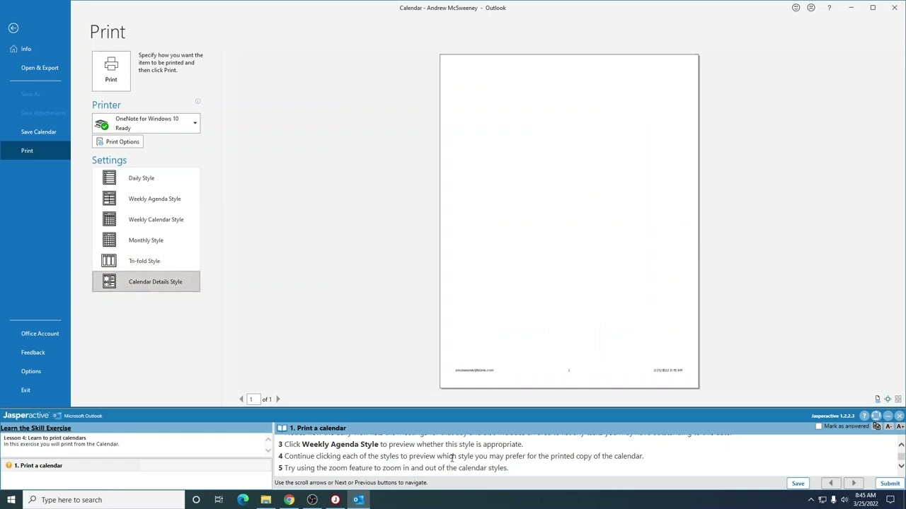 Outlook Lesson 4 5 Printing the Calendar