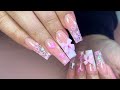 Watch me do my sisters nails   pink coquette nail art  acrylic nails tutorial