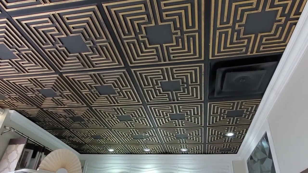 TD25 Black & Gold Faux Tin Ceiling Tiles - DIY Ceiling Decor - Install Ceiling Tiles