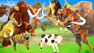 10 Mammoth Elephant vs 10 Elephant Buffalo vs Giant Tiger Fight Cow Lion Cub Saved By Woolly Mammoth