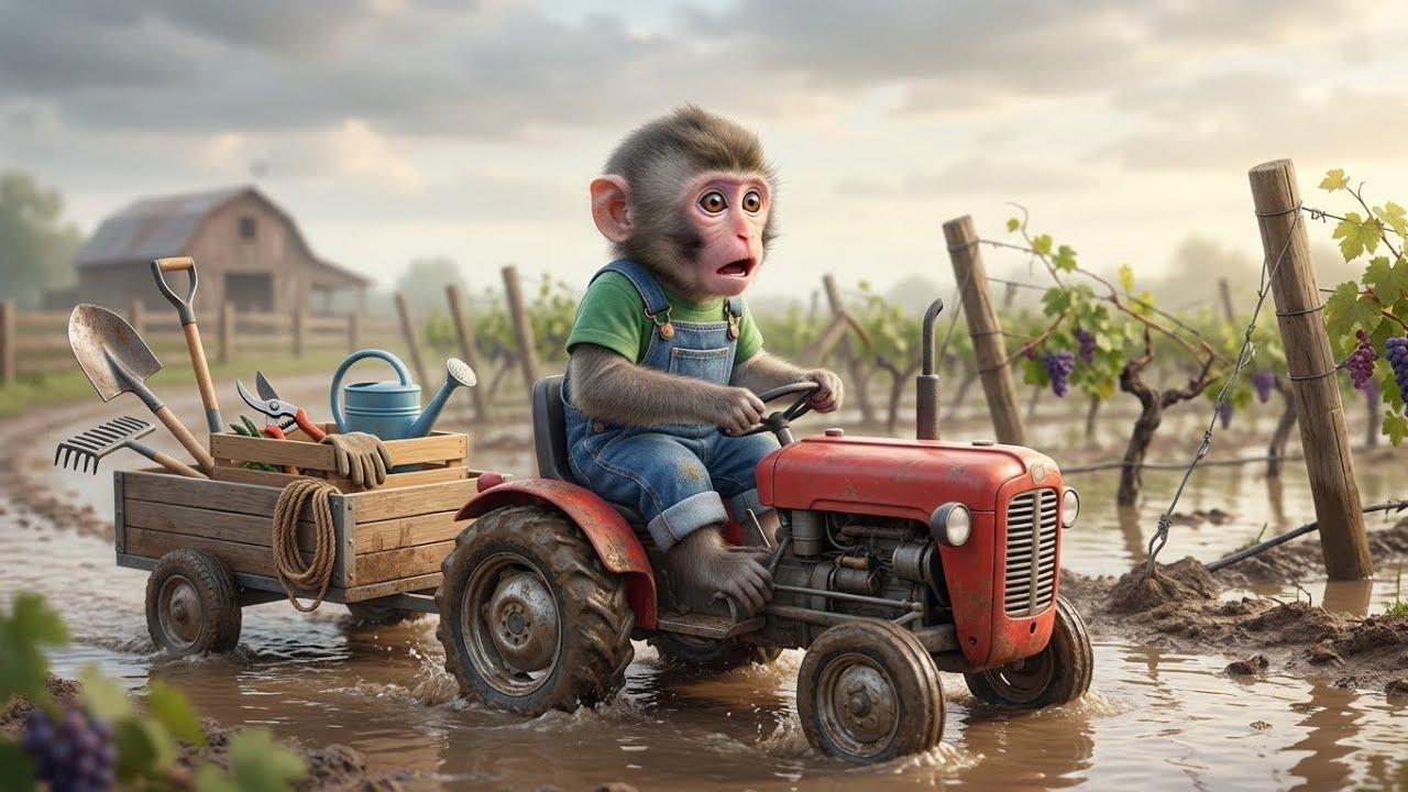 Baby Monkey’s Tractor Mission: Saving the Flooded Grape Garden! 🐒🚜🍇
