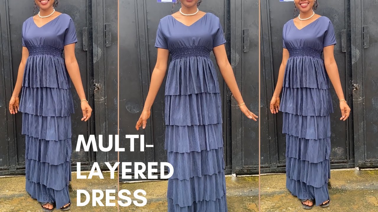 How to cut and sew long MultilayerGathered dress/ Shirred dress