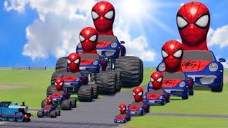Big & Small Spiderman Car vs Big & Small Spiderman MonsterTruck vs Thomas the Tank Engine Train