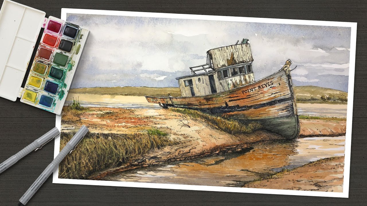 Line and Wash - PEN AND INK and WATERCOLOR - Old Boat 