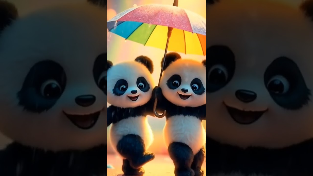 Two baby pandas dancing in rain 