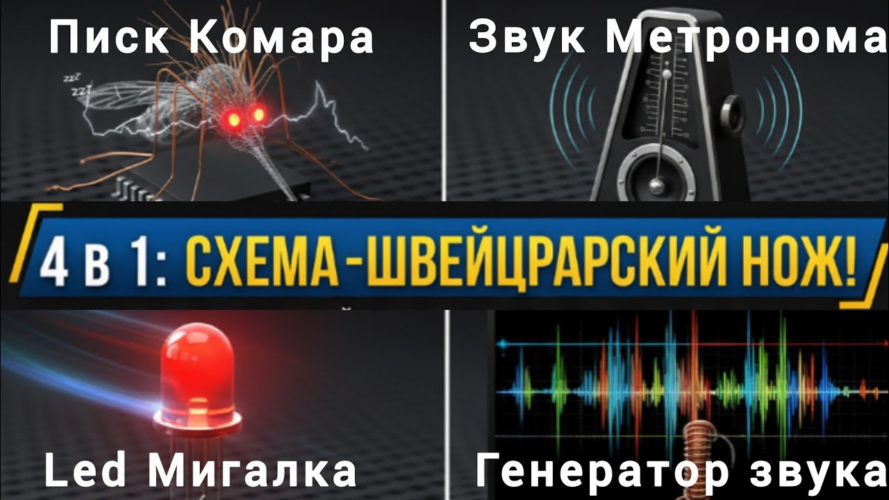 Светодиодная мигалка (LED flasher) Схема 4 в 1: 🦟  комар, метроном, 💥 мигалка, генератор звука 🎶