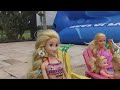 Water Slide ! Elsa and Anna toddlers - pool playdate - Barbie - floaties - swim - water fun - splash