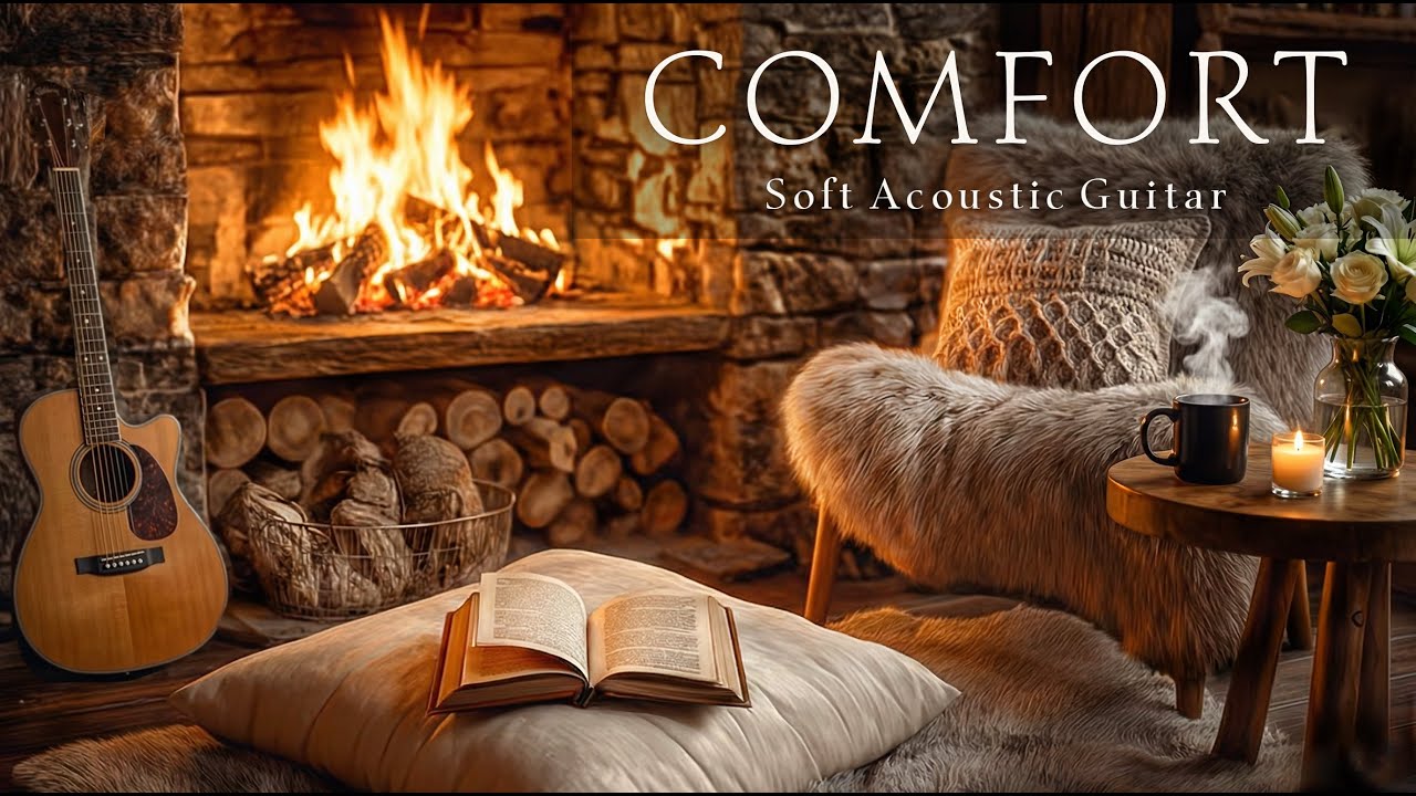 Relaxing Acoustic Guitar for Reading & Cozy Evening | Warm Fireplace (2 Hours)