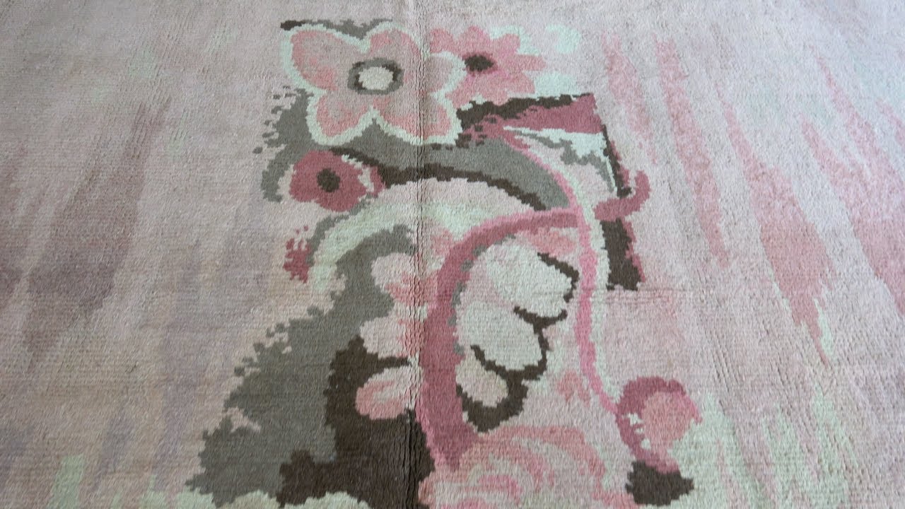 Vintage French Art Deco Pink Botanic Handmade Wool Rug BB3779