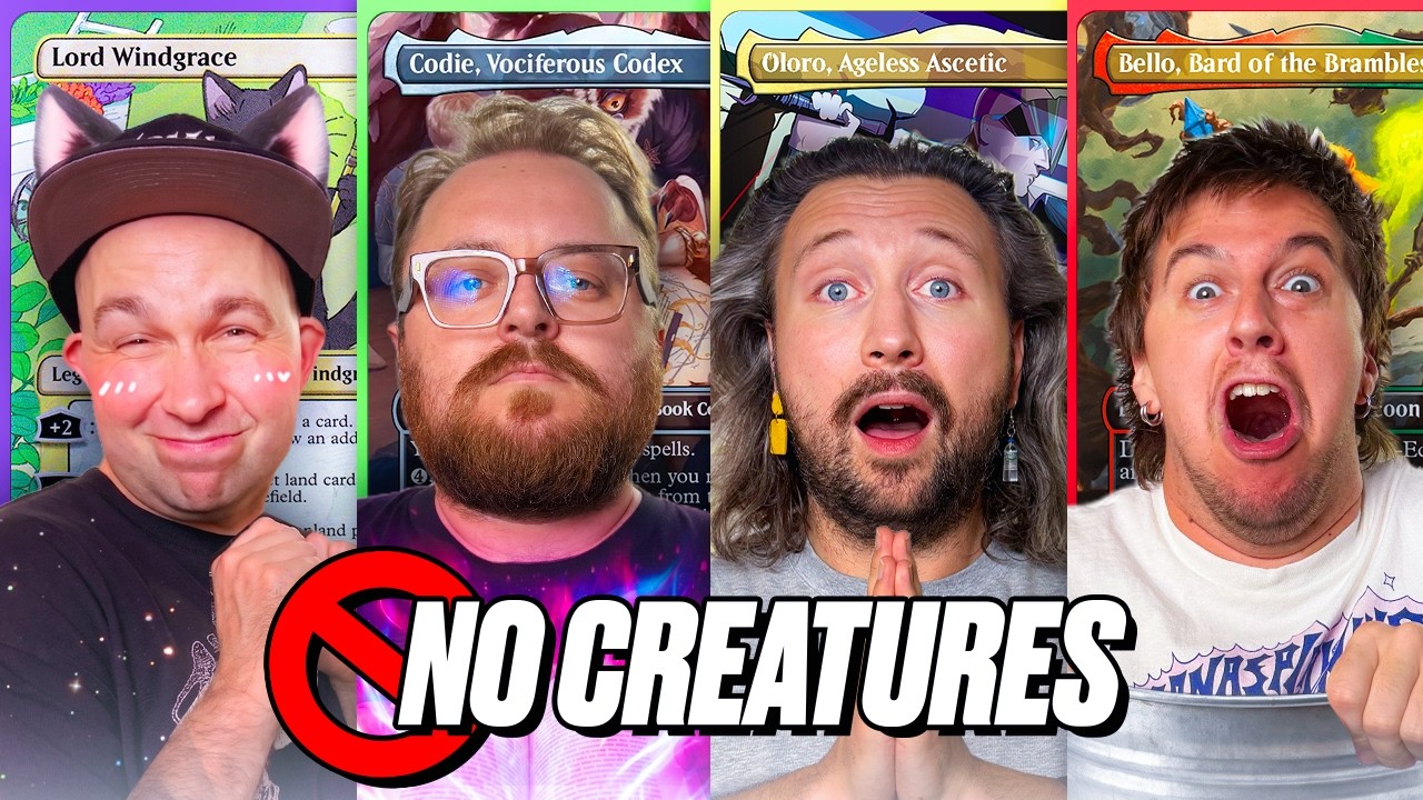 WE BUILT COMMANDER DECKS WITH ZERO CREATURES!! – Windgrace vs Oloro vs Bello vs Codie thumbnail