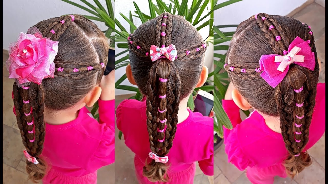 Penteado Infantil com elásticos coloridos, tranças e Maria