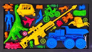 Cleaning toy cars, monster trucks, race cars, monster trains, toy guns, dinos, animals, heroes