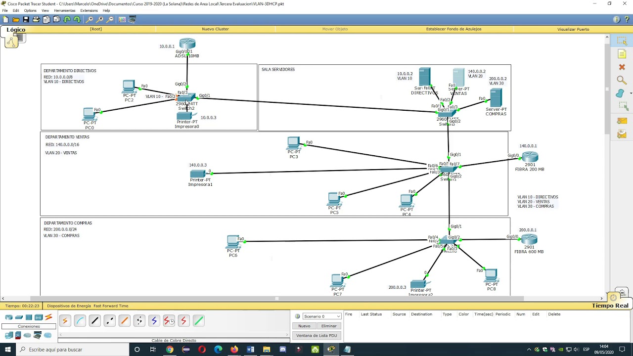 Packet tracer. Vlans. 3 Servidores DHCP.
