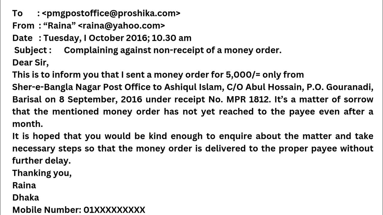 write an email complaining against nonreceipt of a money order SSC