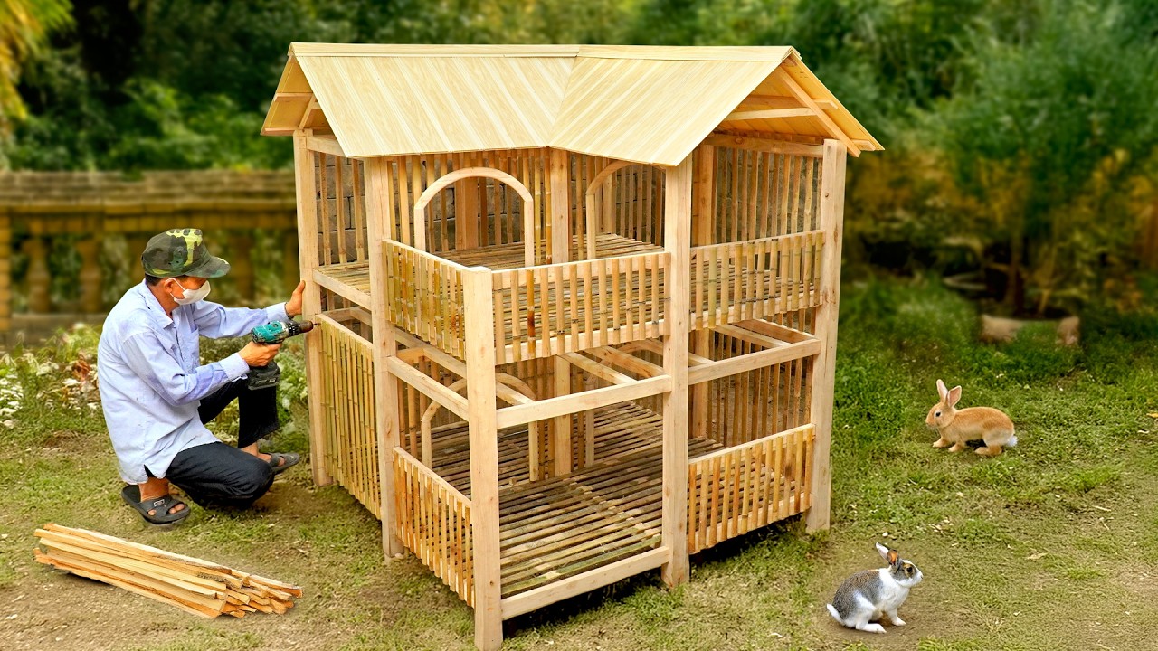 Build budget-friendly 2 level bamboo rabbit cage - YouTube