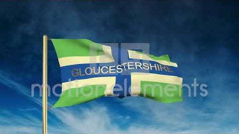 Gloucestershire Flag Slider Style With Title. Waving In The Wind With Cloud Back Stock Animation