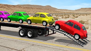 Double Flatbed Trailer Truck vs Speedbumps Train vs Cars | Tractor vs Train Beamng.Drive