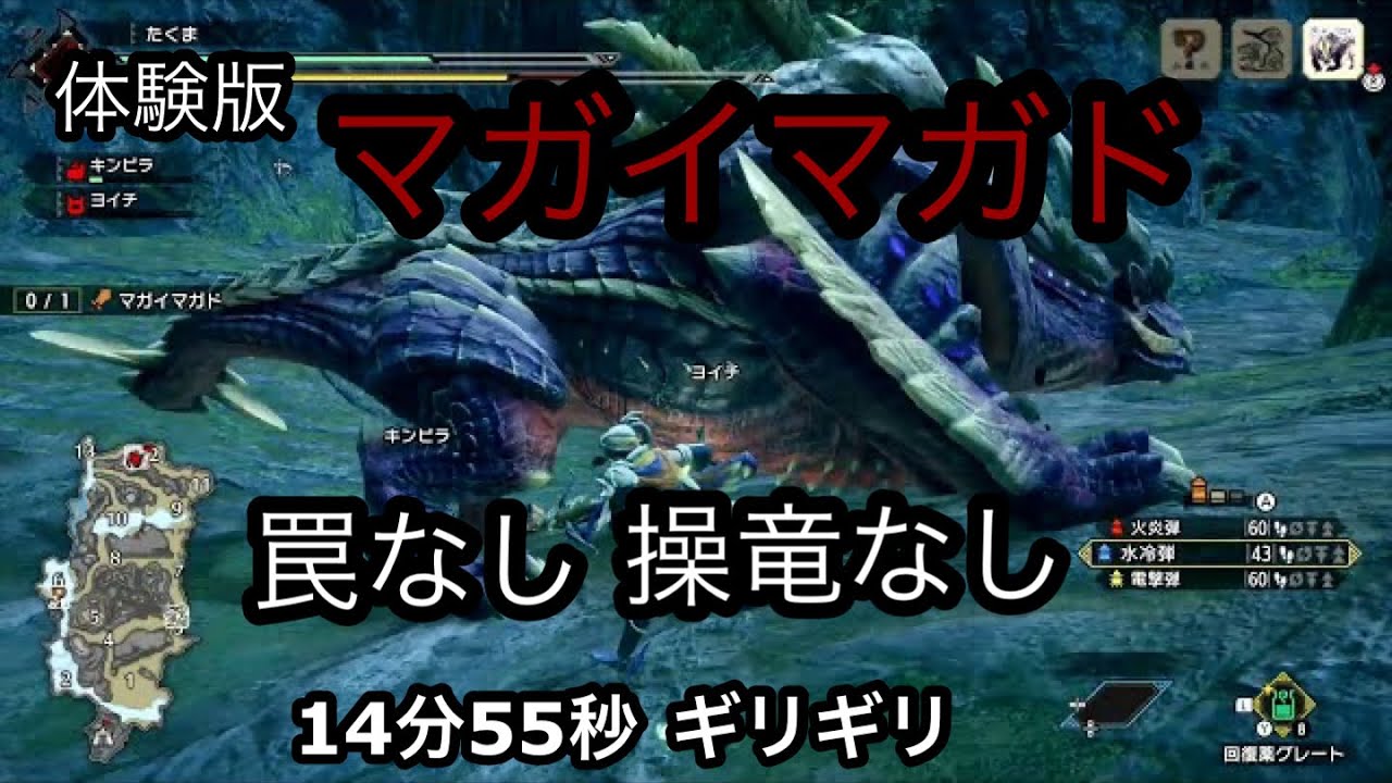モンハンライズ体験版　マガイマガド　操竜なし　罠無し　ライトボウガン　１４分５５秒　ギリギリ