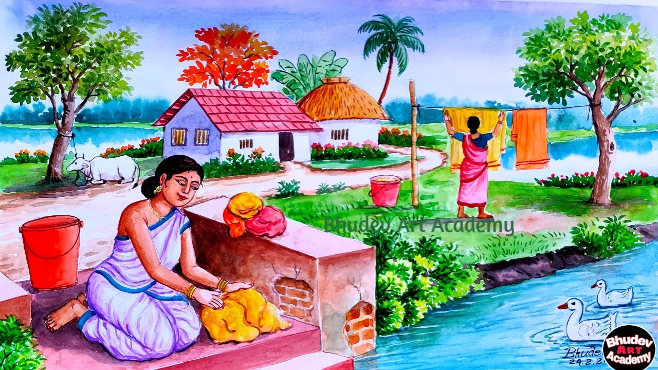 Indian Village Scenery Painting With WatercolorIndian Village Women