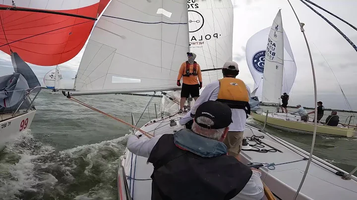 Intense J24 downwind battle, pit person POV, near misses at FWBC Regatta, Race 3, wind 18+kts Day 1