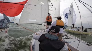 Intense J24 downwind battle, pit person POV, near misses at FWBC Regatta, Race 3, wind 18+kts Day 1