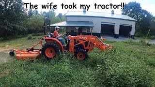 The wife takes over my Kubota L2502 and does some rotary mowing