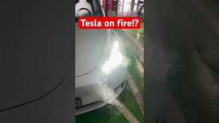 Tesla on fire!? No! It&#39;s just a water vapour #ev #electricvehicle