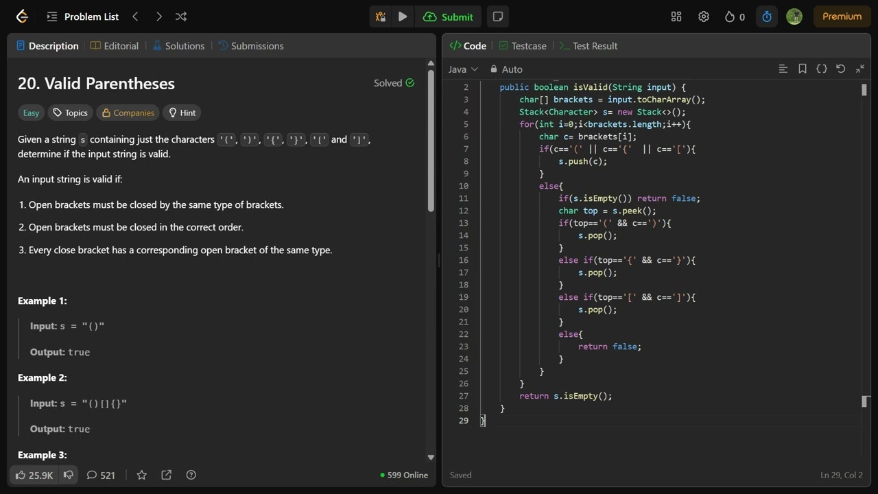 Valid Parentheses in java