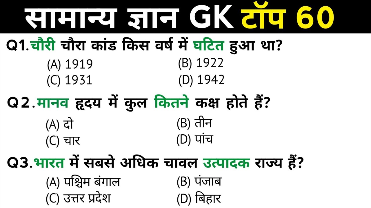 सामान्य ज्ञान | General Knowledge | Top 60 GK/GS questions | SSC GD, MTS, RPF, CRPF | GK quiz