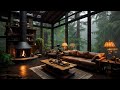 Jazz relaxing music  rainy day at cozy house inside forest with gentle rain fireplace sounds 