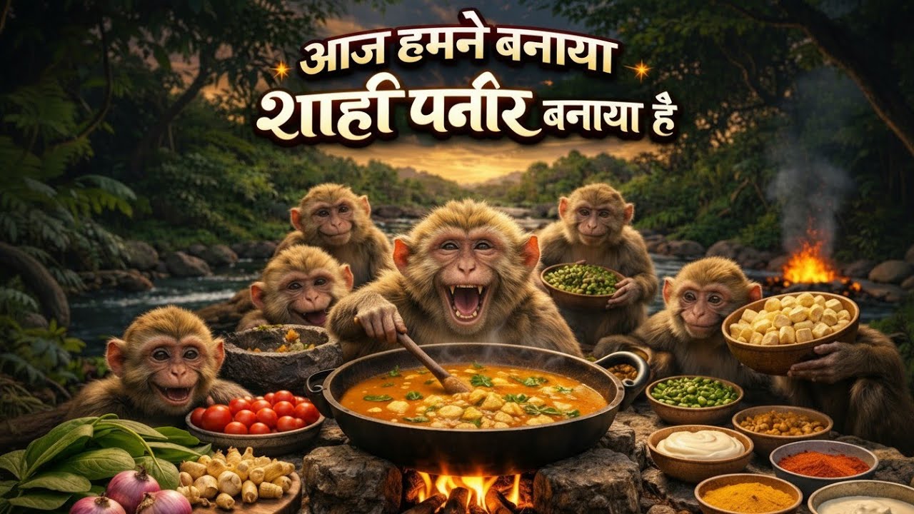 🐒 8 बंदरों ने नदी किनारे बनाया शाही पनीर 😱 | Jungle Cooking Paneer | Monkey Cooking Video