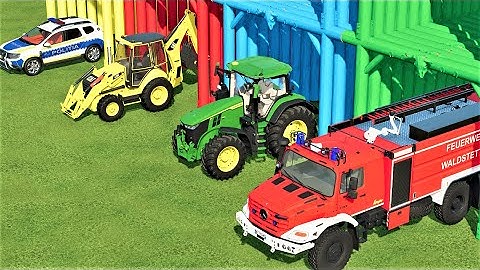 PARKOUR OF COLORS ! FIRE TRUCK vs CAT BACHOE LOADERS  vs TRACTOR  vs POLICE ! Farming Simulator 22