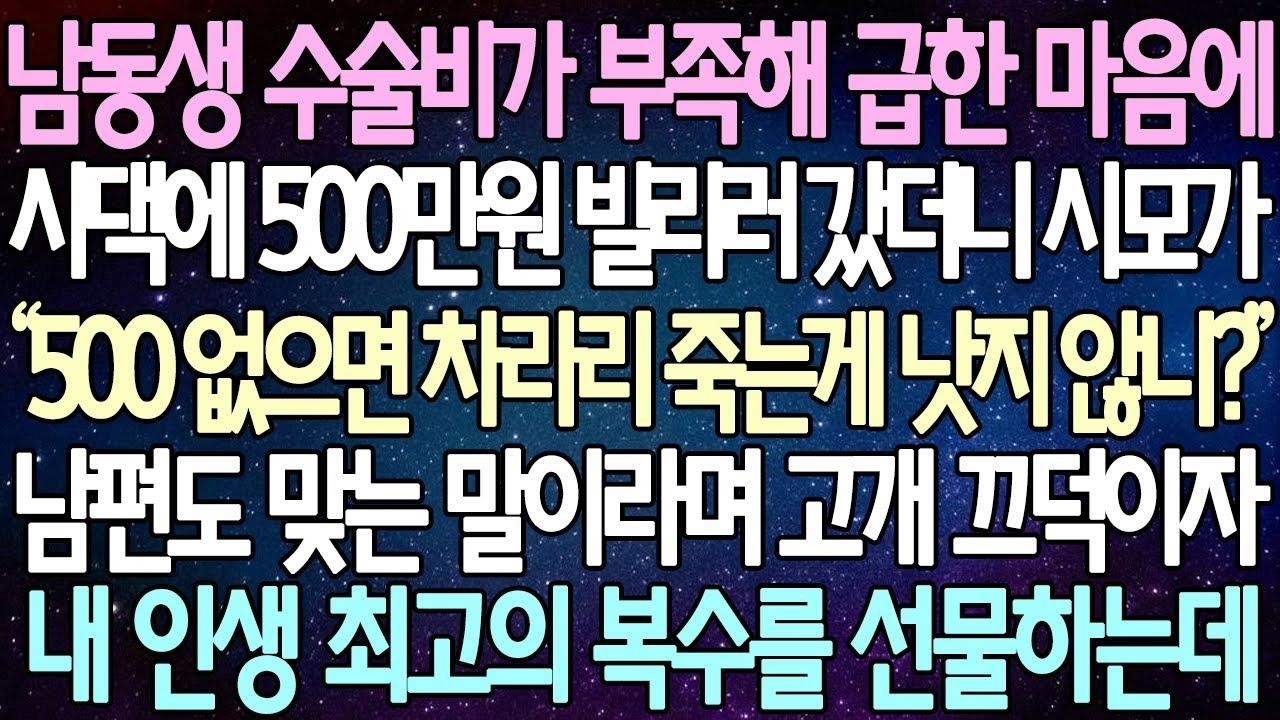 (반전 사연) 남동생 수술비가 부족해 급한 마음에 시댁에 500만원 빌리러 갔더니 시모가 남편도 맞는 말이라며 고개 끄덕이자 내 인생 최고의 복수를 선물하는데 사이다사연