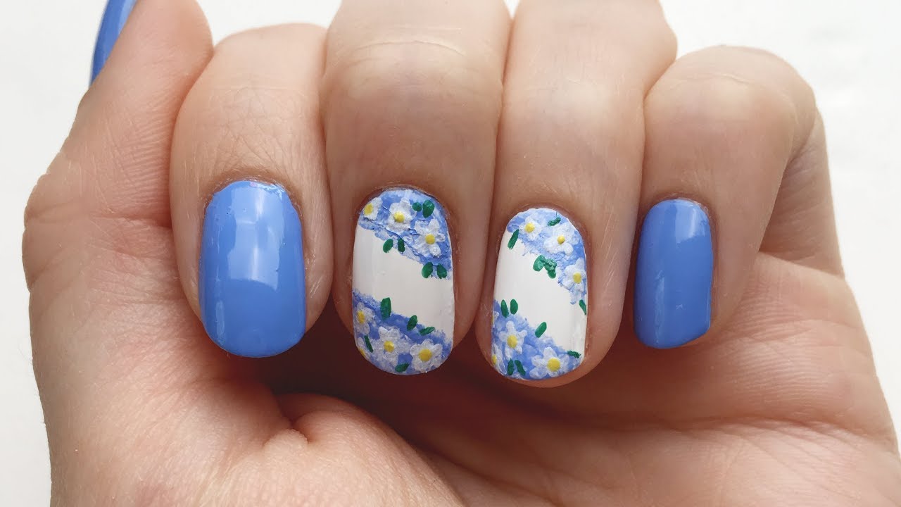 Nageldesign mit Nagellack blaue Blumen für den Frühling | \'seni Nageldesign  - YouTube