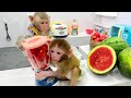 Bim bim harvest watermelon to make juice for baby monkey