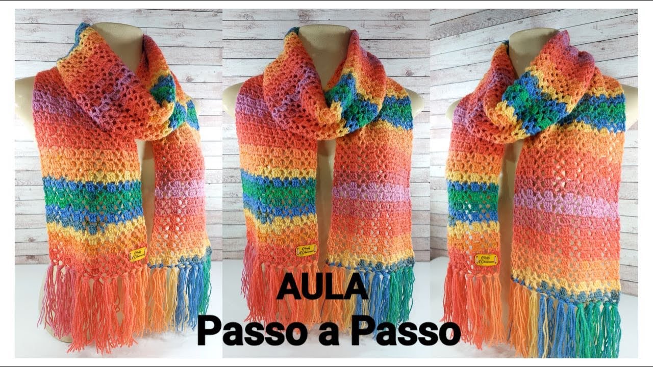 Cachecol  de Crochê Arco Iris -Aula Passo a Passo Prof. Neddy Ghusmam