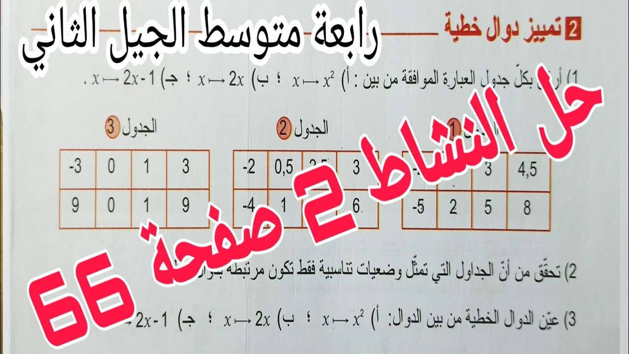 حل النشاط 2 صفحة 66 مقطع الدوال الخطية والتناسبية رياضيات رابعة متوسط الجيل الثاني