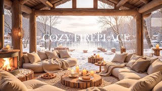 ❄️ Lakeside Winter Cabin Jazz  Sunset Fireplace \u0026 Warm Candlelight Ambience for Cozy Evening