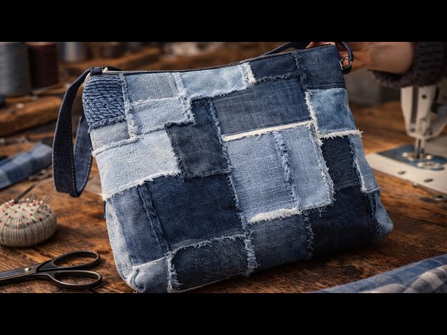 Denim patchwork handbag with embellishments made from scraps  display picture 1