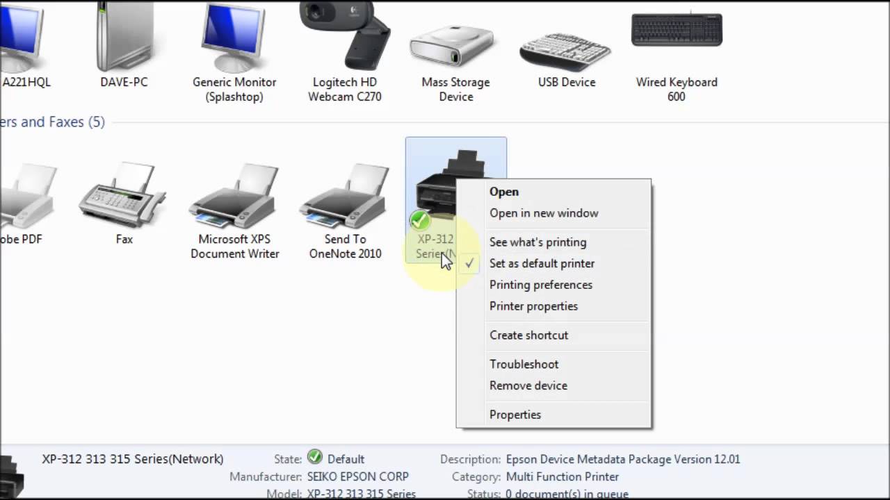 how to change default printer in windows 7