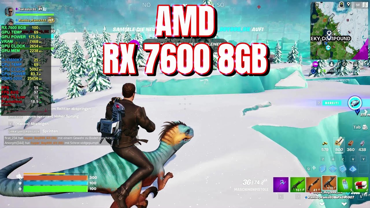 Fortnite AMD RX 7600 8GB + i513600KF 2560 x 1440 WQHD Epic Settings
