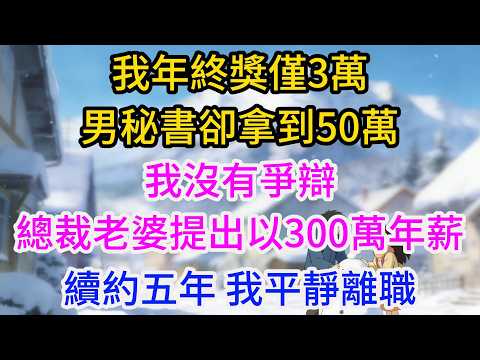我年終獎僅3萬，男秘書卻拿到50萬。我沒有爭辯，總裁老婆提出以300萬年薪續約五年，我平靜離職，她當場愣住