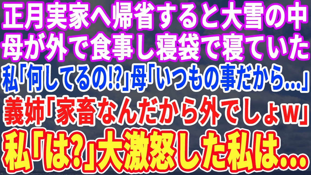 【スカッとする話】年末に実家へ帰省すると大雪の中、外で食事し寝袋で寝ていた。私「お母さん何してるの！？」母「いつもの事だから」義姉「家畜は外でしょw」私「は？」大激怒した私は..【スッキリ・最新】
