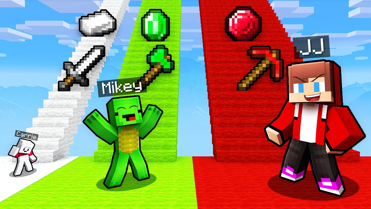 Mikey and JJ and Carrie TINY vs GIANT Stairs Challenge - Minecraft (Maizen)