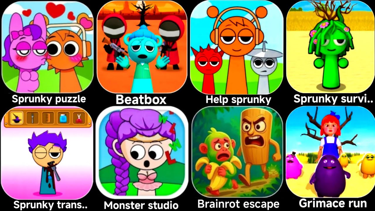 Sprunky puzzle,Beatbox survival,Grimace run,Sprunky survival,Help Sprunky,Brainroot escape,Monster.
